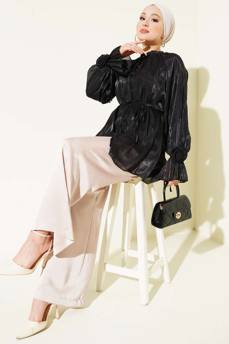 Rose-Detail Evening Shirt with Rivet Buttons - Black