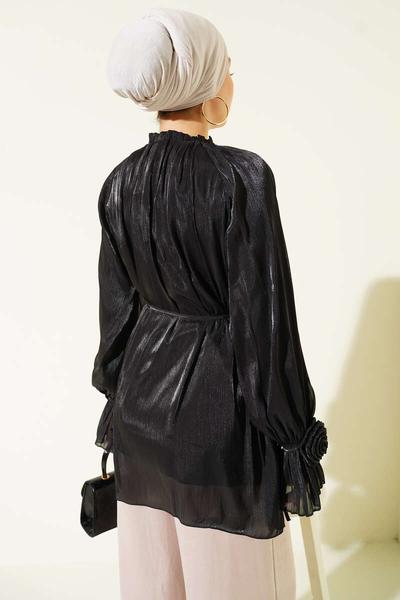 Rose-Detail Evening Shirt with Rivet Buttons - Black