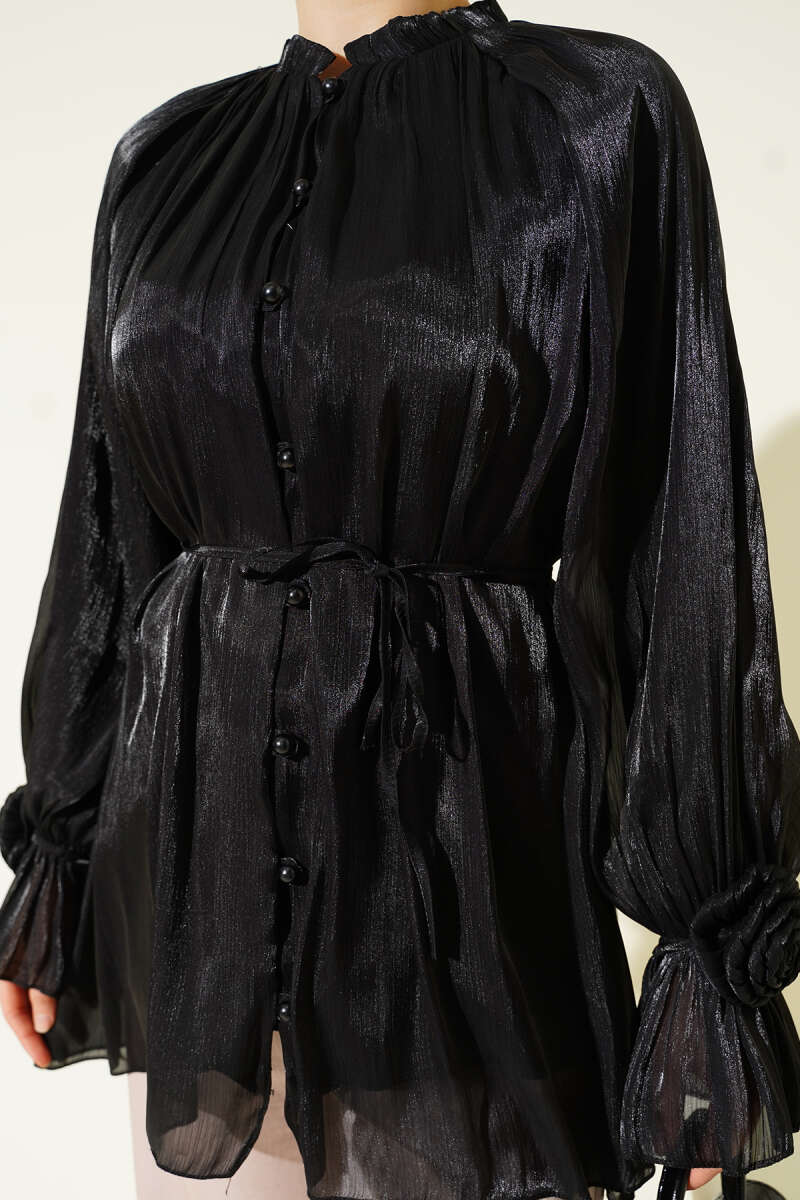 Rose-Detail Evening Shirt with Rivet Buttons - Black