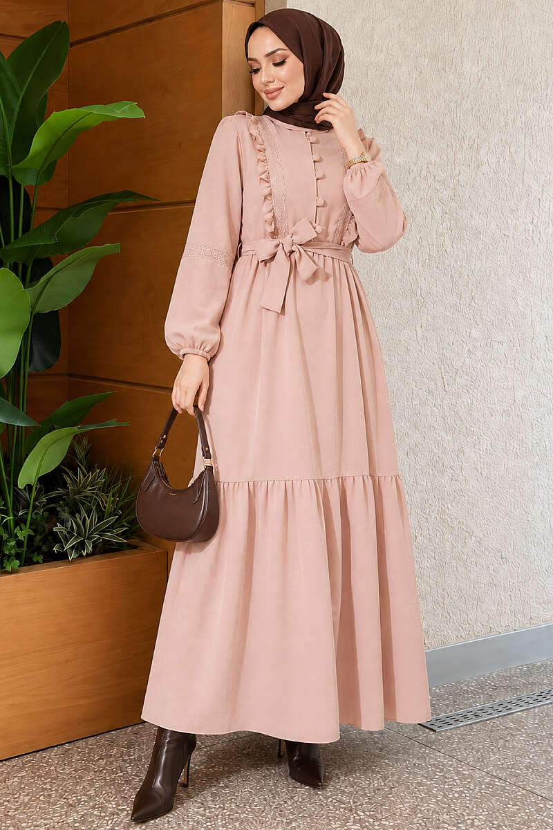 Guipure Lace Dress with Rivet Buttons - Beige
