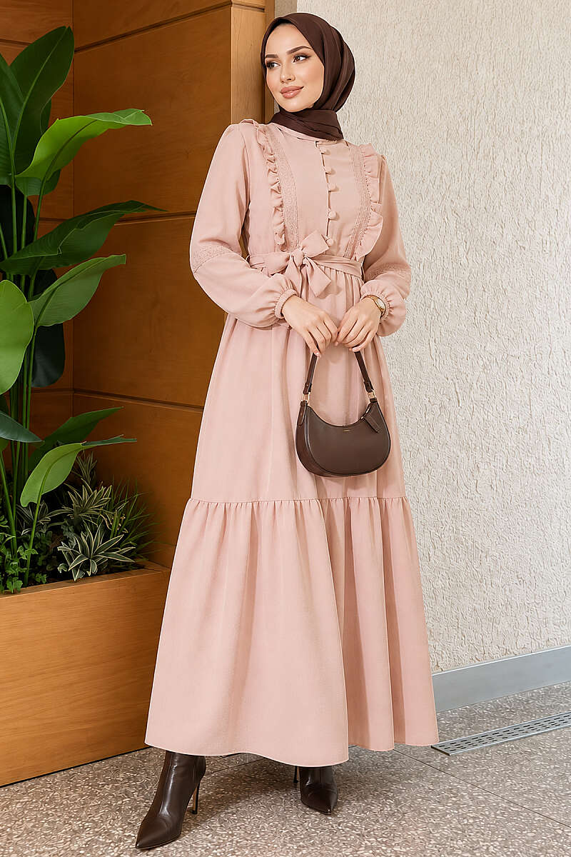 Guipure Lace Dress with Rivet Buttons - Beige