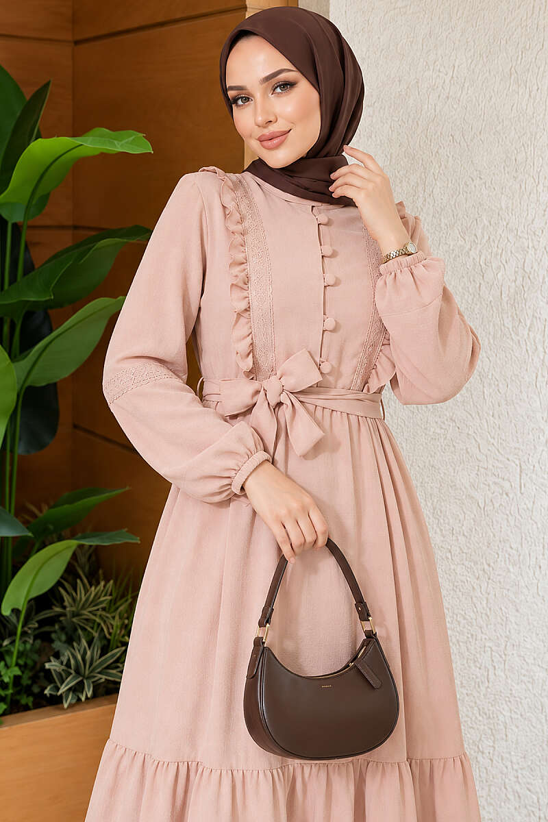 Guipure Lace Dress with Rivet Buttons - Beige