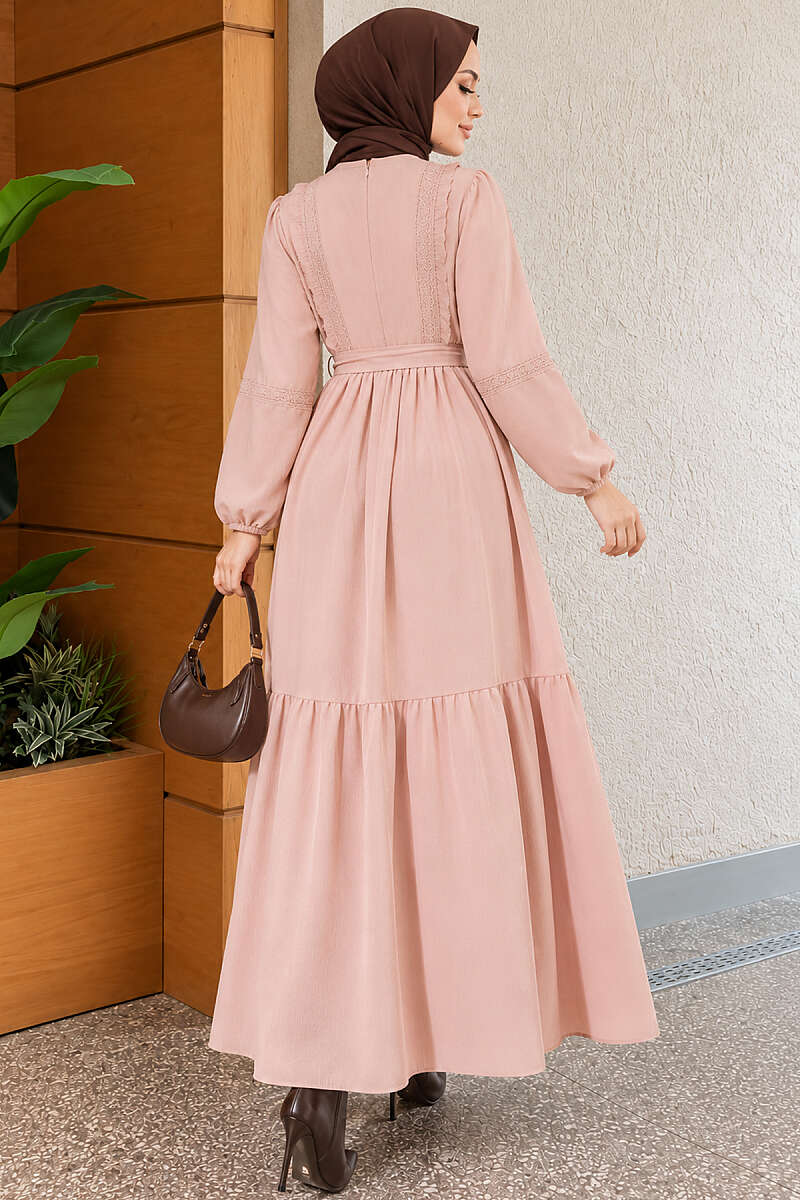 Guipure Lace Dress with Rivet Buttons - Beige