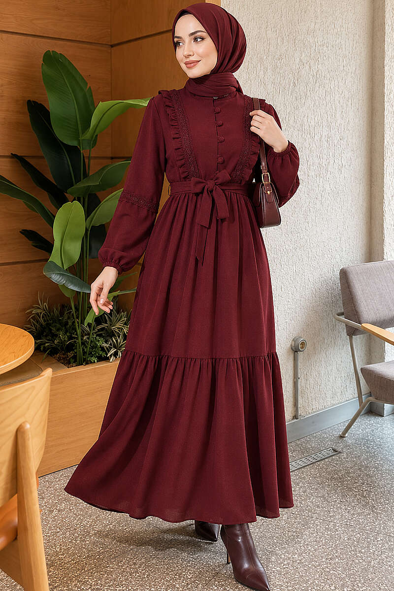 Guipure Lace Dress with Rivet Buttons - Burgundy