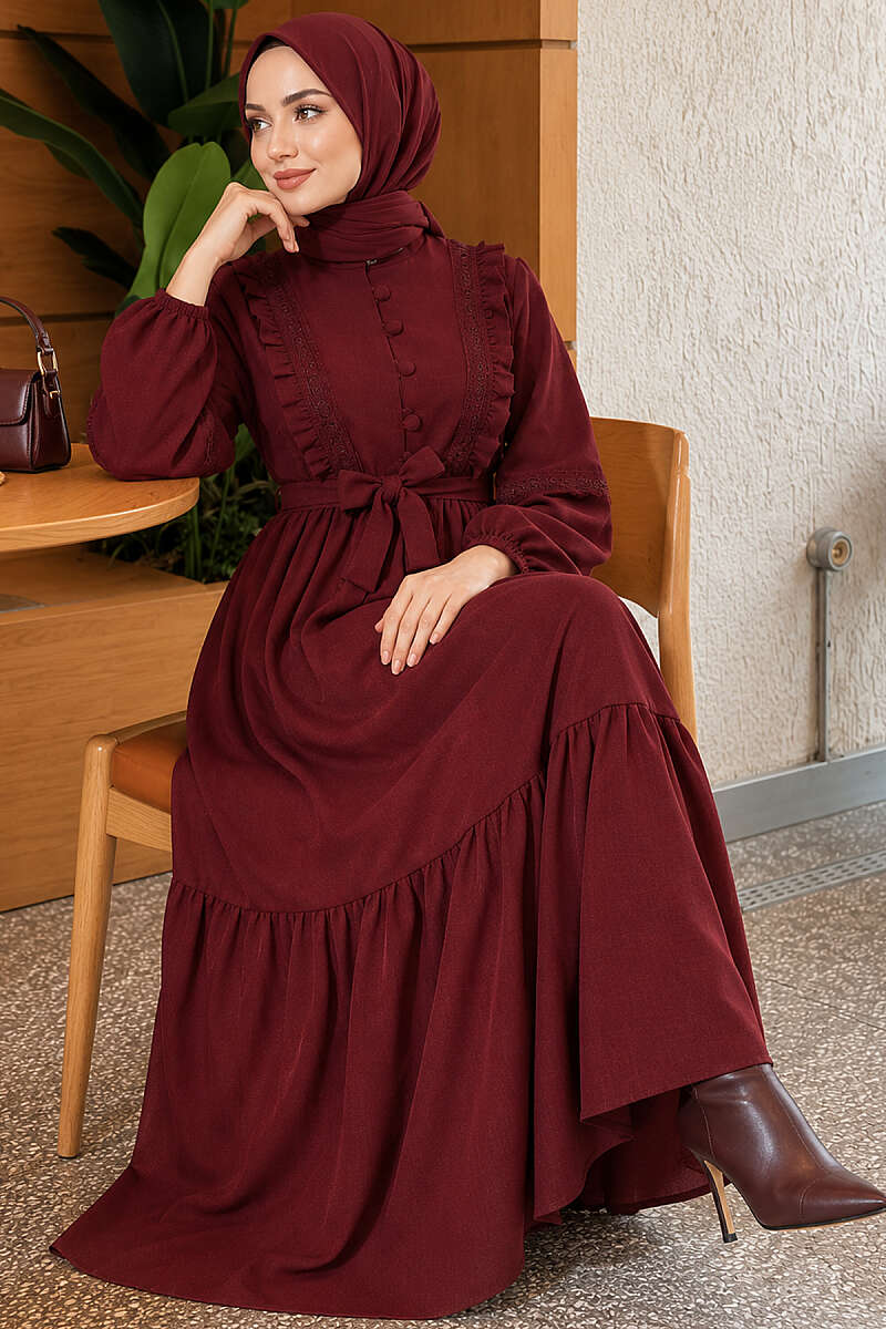 Guipure Lace Dress with Rivet Buttons - Burgundy