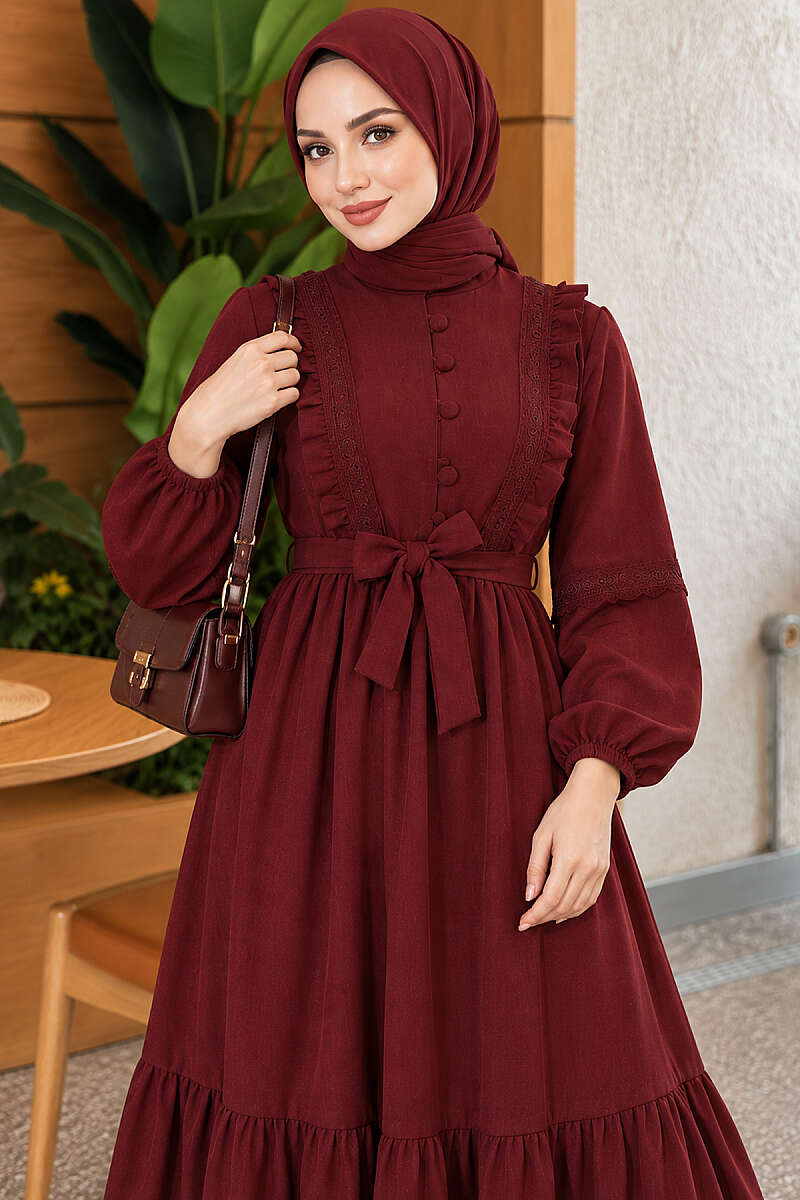 Guipure Lace Dress with Rivet Buttons - Burgundy