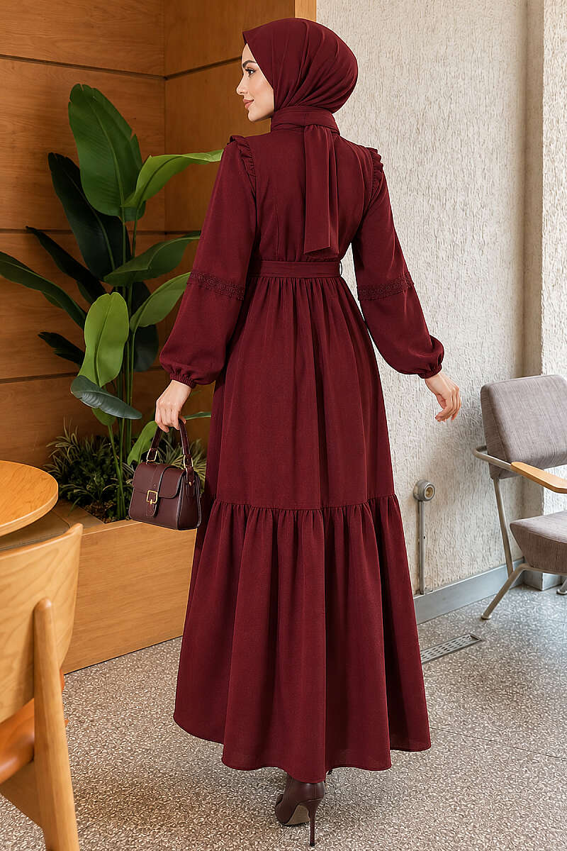 Guipure Lace Dress with Rivet Buttons - Burgundy