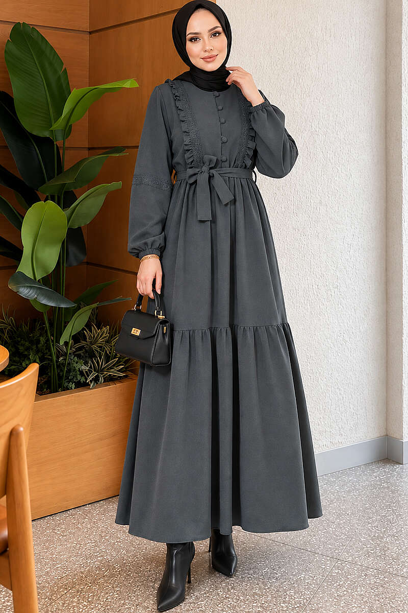 Guipure Lace Dress with Rivet Buttons - Smoke Grey
