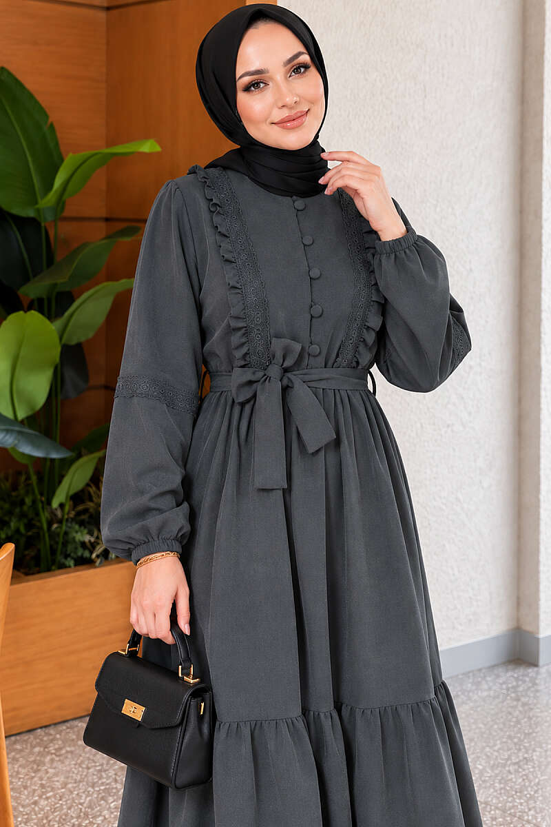 Guipure Lace Dress with Rivet Buttons - Smoke Grey