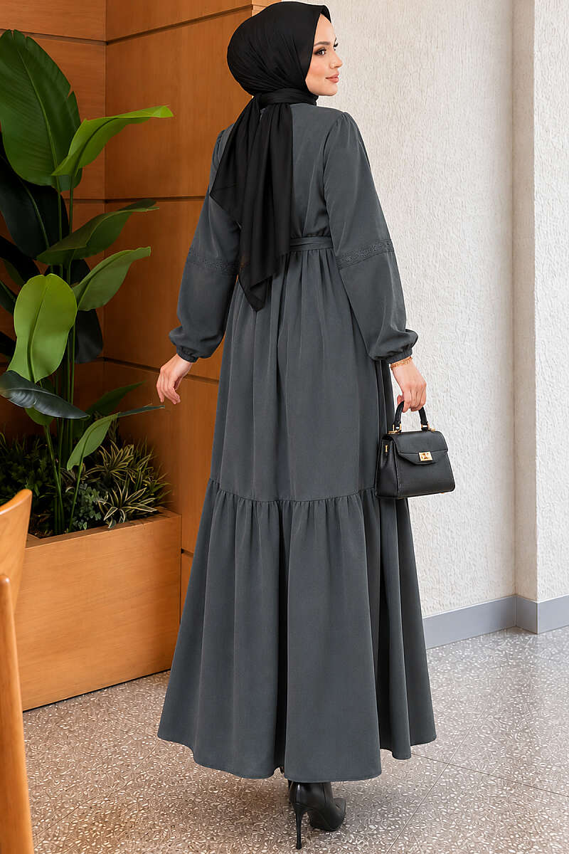 Guipure Lace Dress with Rivet Buttons - Smoke Grey