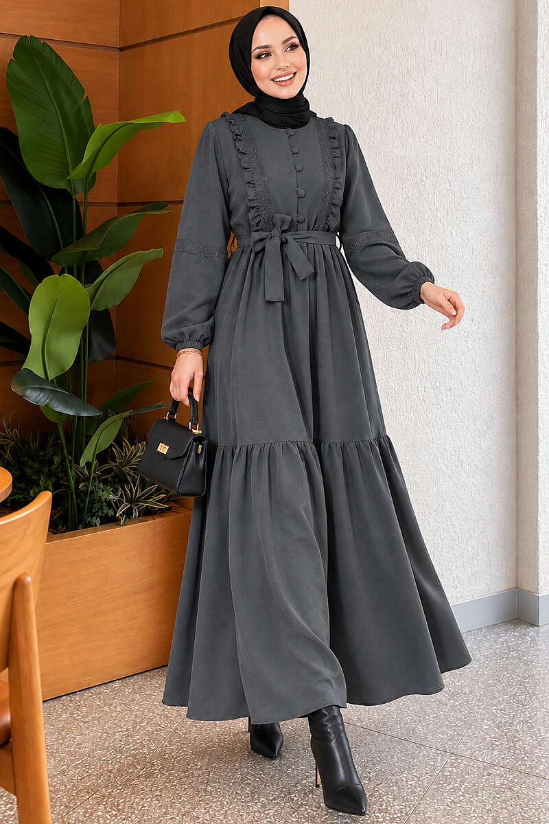 Guipure Lace Dress with Rivet Buttons - Smoke Grey