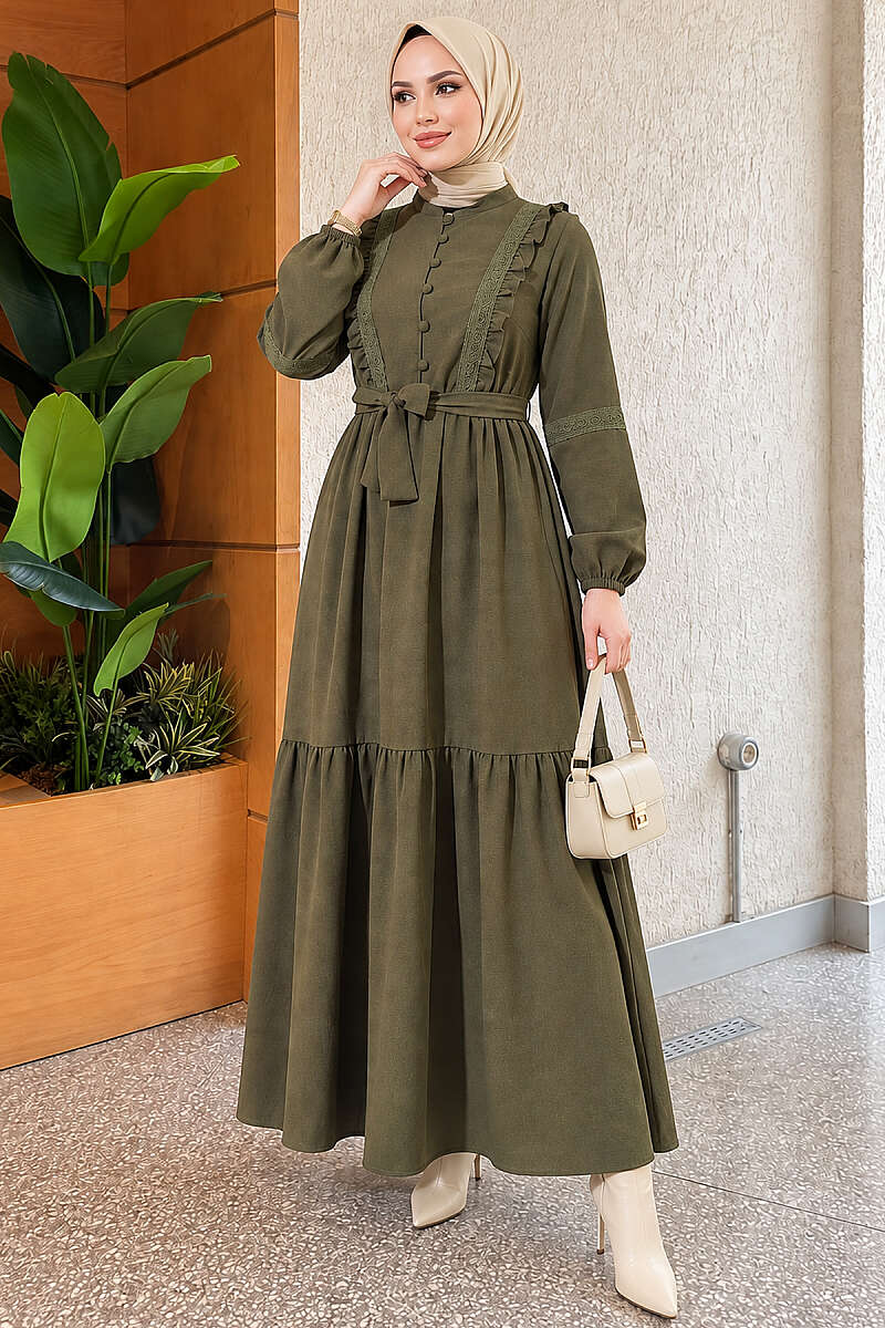Guipure Lace Dress with Rivet Buttons - Khaki