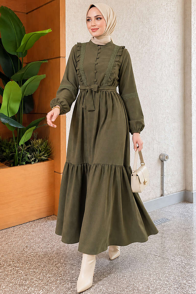 Guipure Lace Dress with Rivet Buttons - Khaki