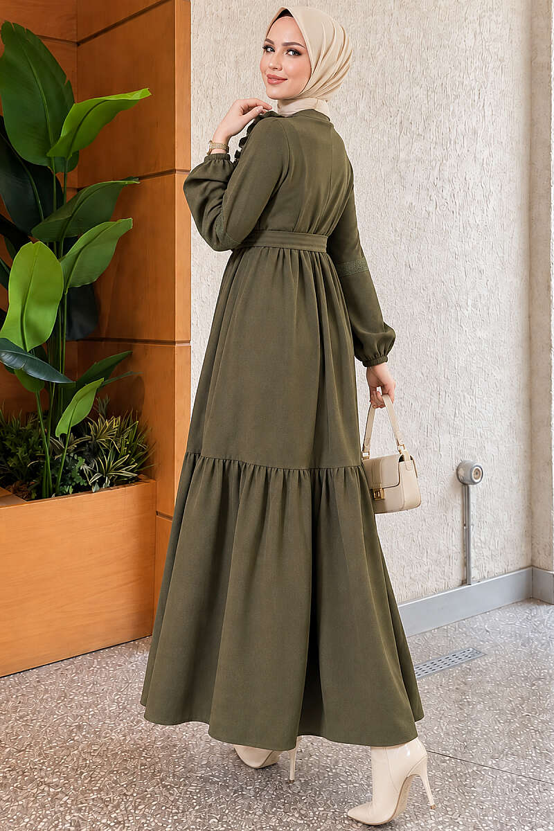 Guipure Lace Dress with Rivet Buttons - Khaki