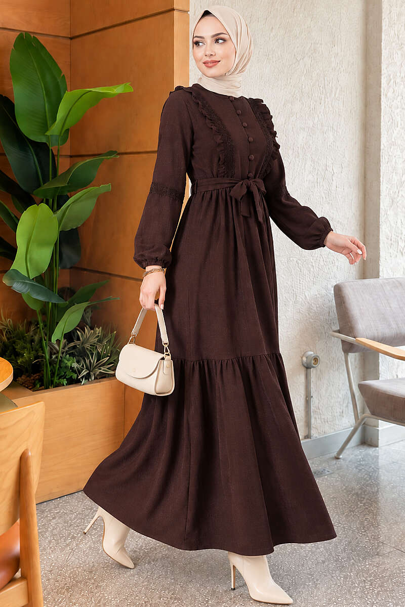 Guipure Lace Dress with Rivet Buttons - Brown