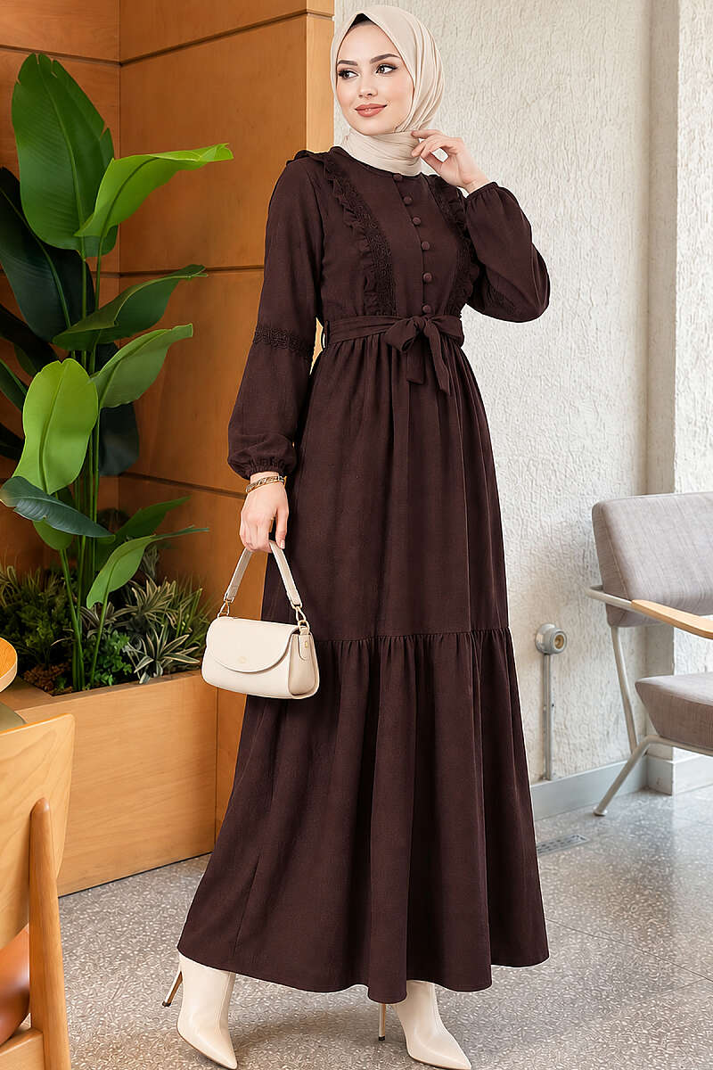 Guipure Lace Dress with Rivet Buttons - Brown