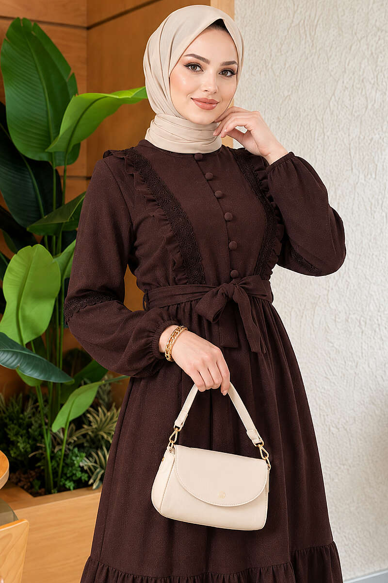 Guipure Lace Dress with Rivet Buttons - Brown