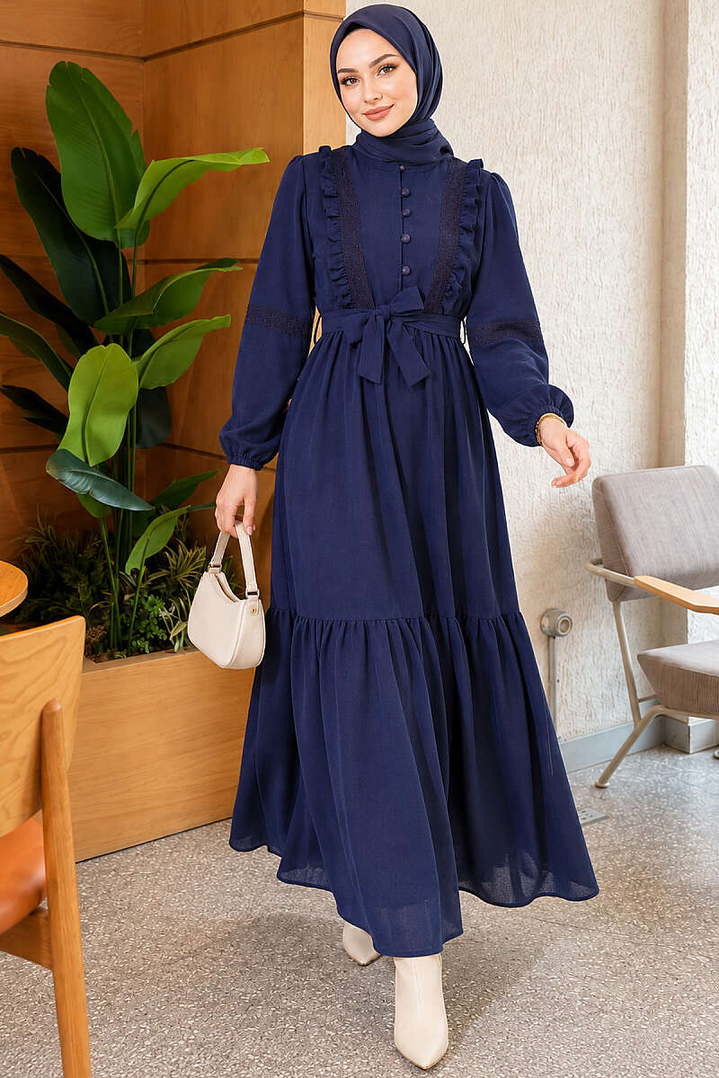 Guipure Lace Dress with Rivet Buttons - Navy
