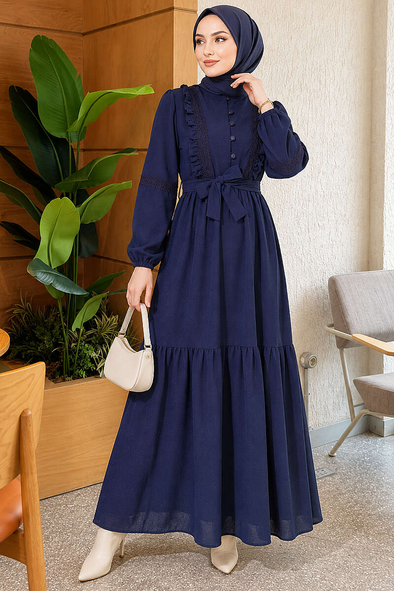 Guipure Lace Dress with Rivet Buttons - Navy