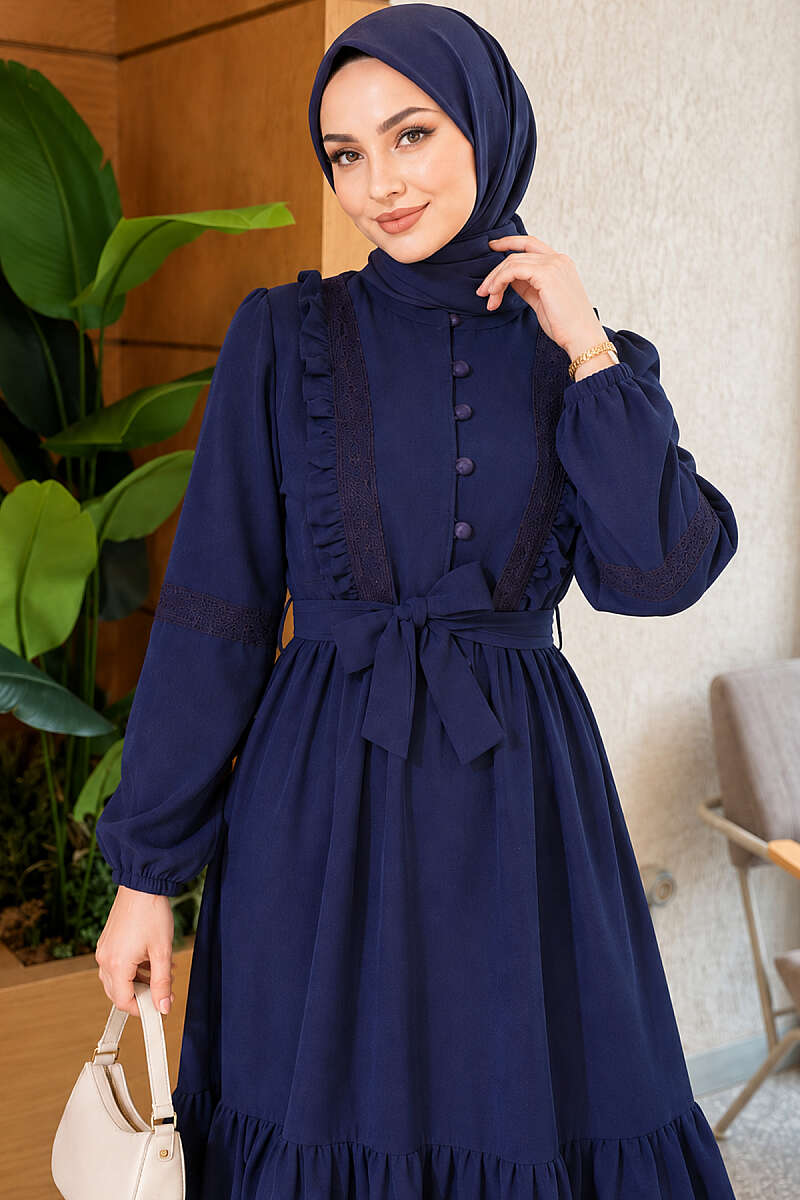 Guipure Lace Dress with Rivet Buttons - Navy