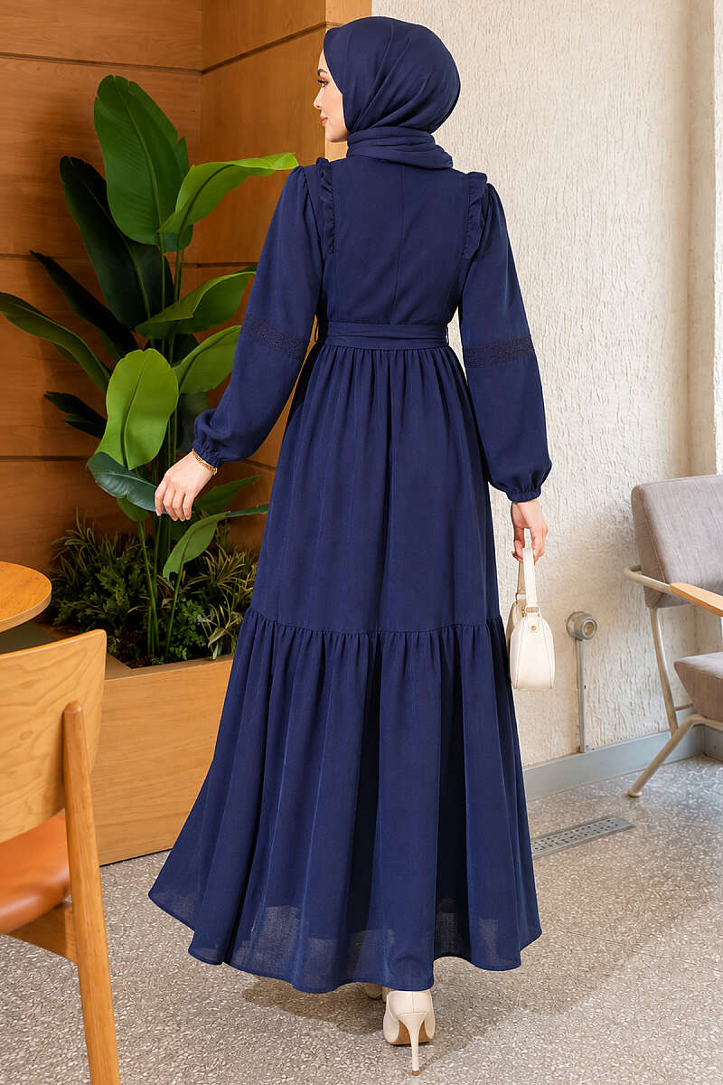 Guipure Lace Dress with Rivet Buttons - Navy