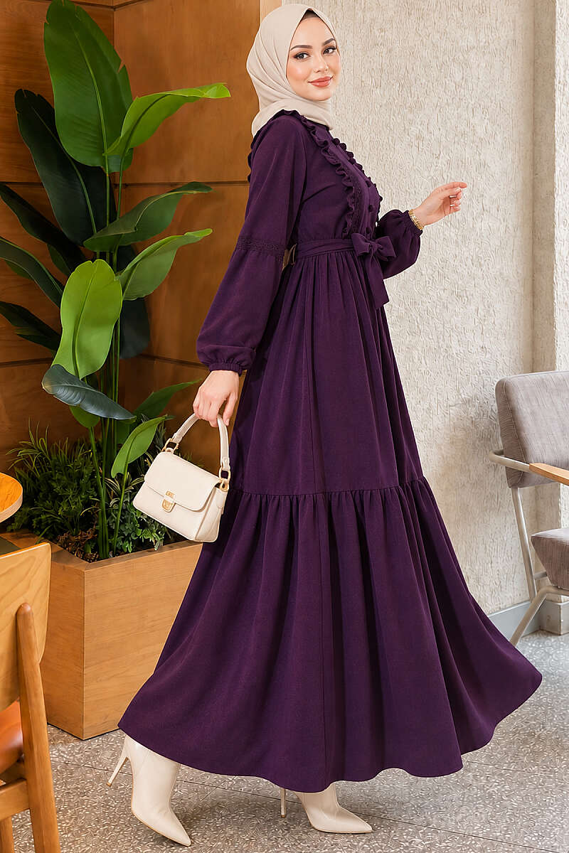 Guipure Lace Dress with Rivet Buttons - Plum