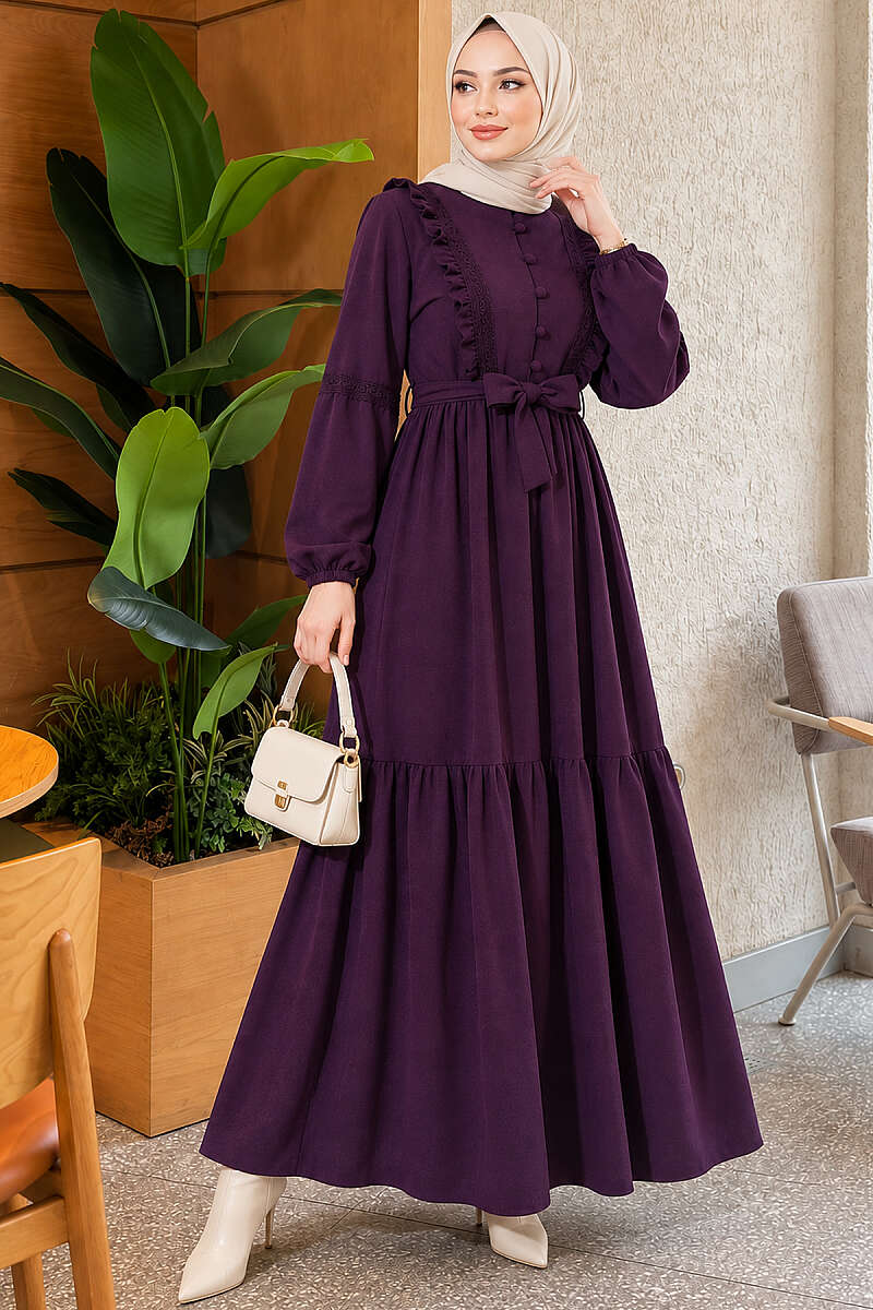 Guipure Lace Dress with Rivet Buttons - Plum