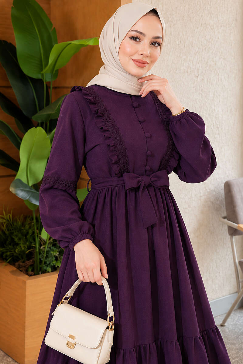 Guipure Lace Dress with Rivet Buttons - Plum
