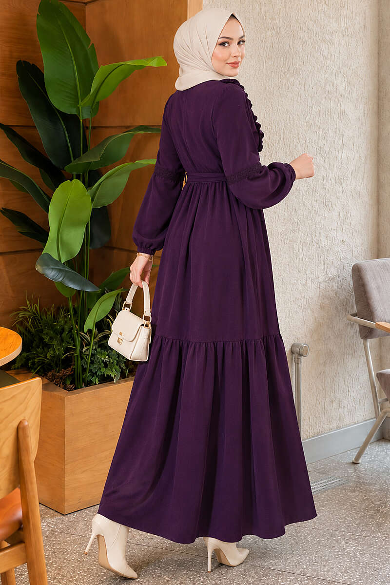 Guipure Lace Dress with Rivet Buttons - Plum