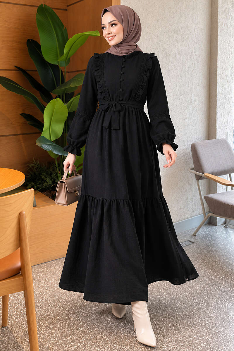 Guipure Lace Dress with Rivet Buttons - Black