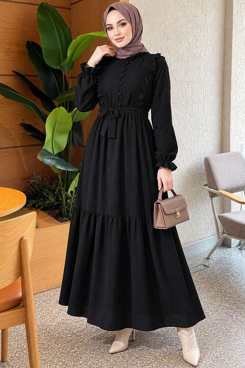 Guipure Lace Dress with Rivet Buttons - Black