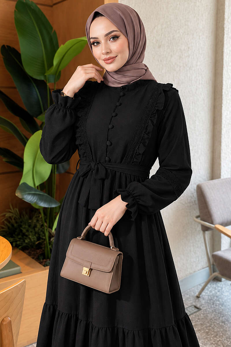 Guipure Lace Dress with Rivet Buttons - Black