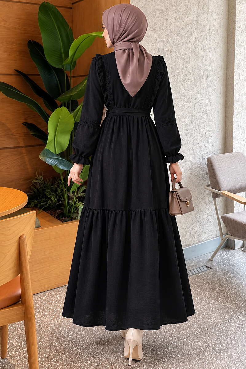 Guipure Lace Dress with Rivet Buttons - Black
