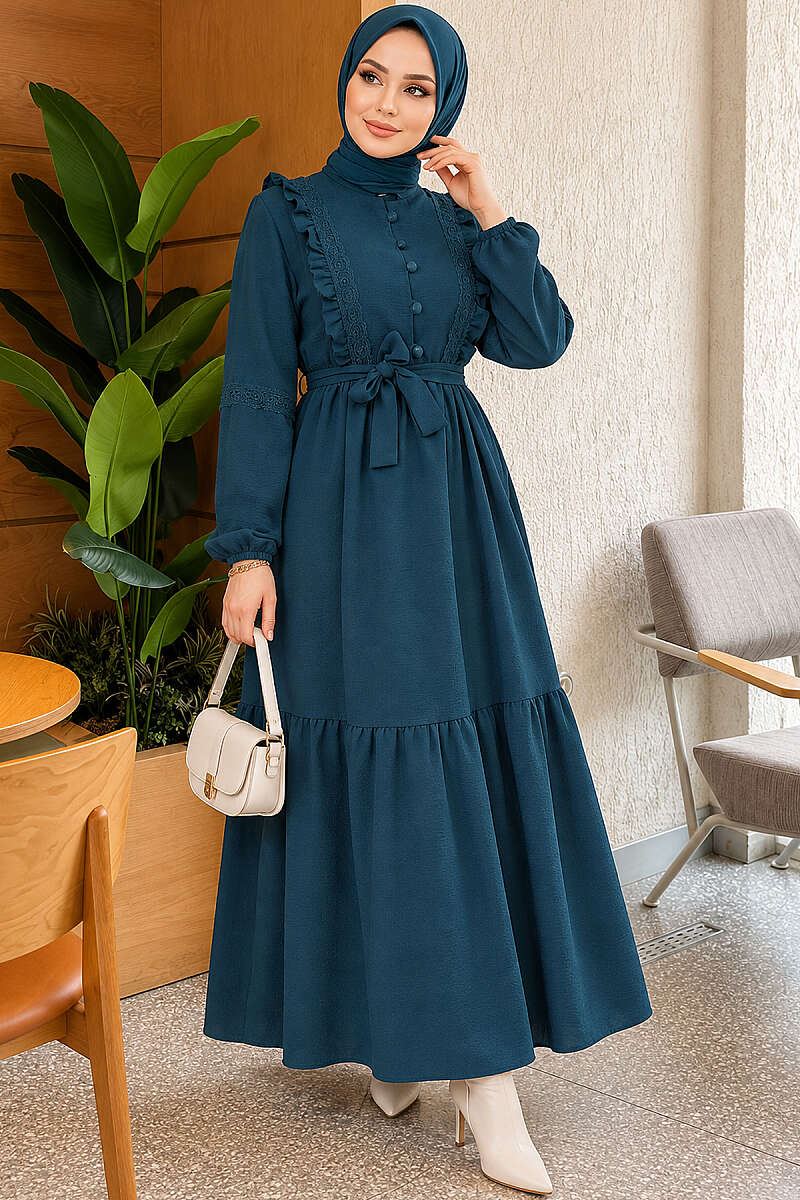 Guipure Lace Dress with Rivet Buttons - Petrol Green