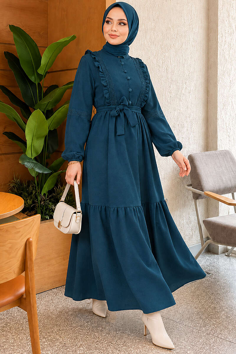 Guipure Lace Dress with Rivet Buttons - Petrol Green