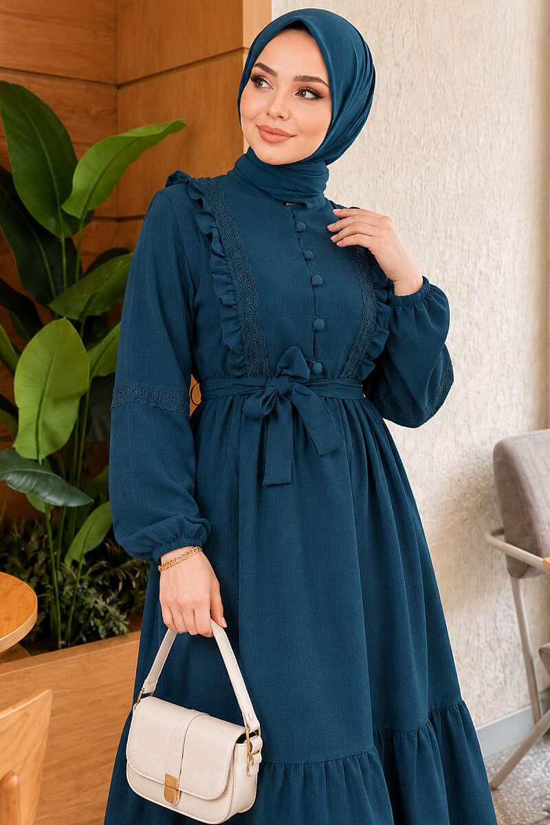 Guipure Lace Dress with Rivet Buttons - Petrol Green
