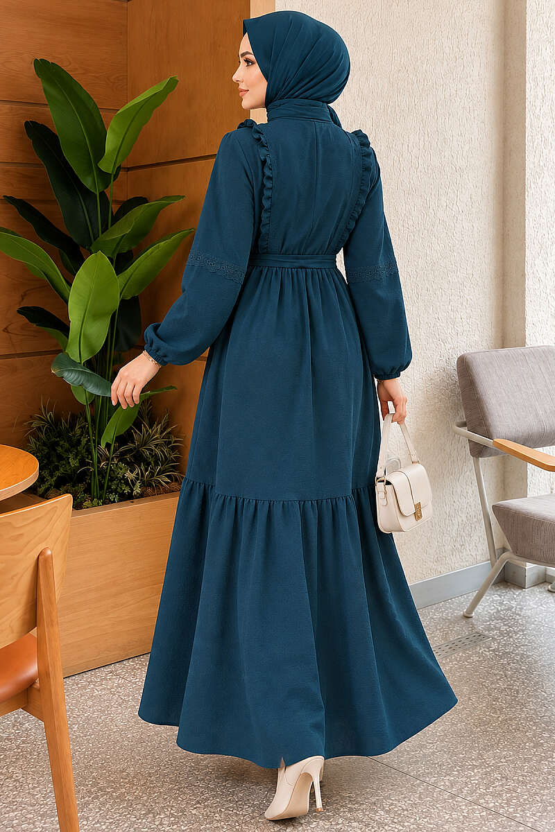 Guipure Lace Dress with Rivet Buttons - Petrol Green