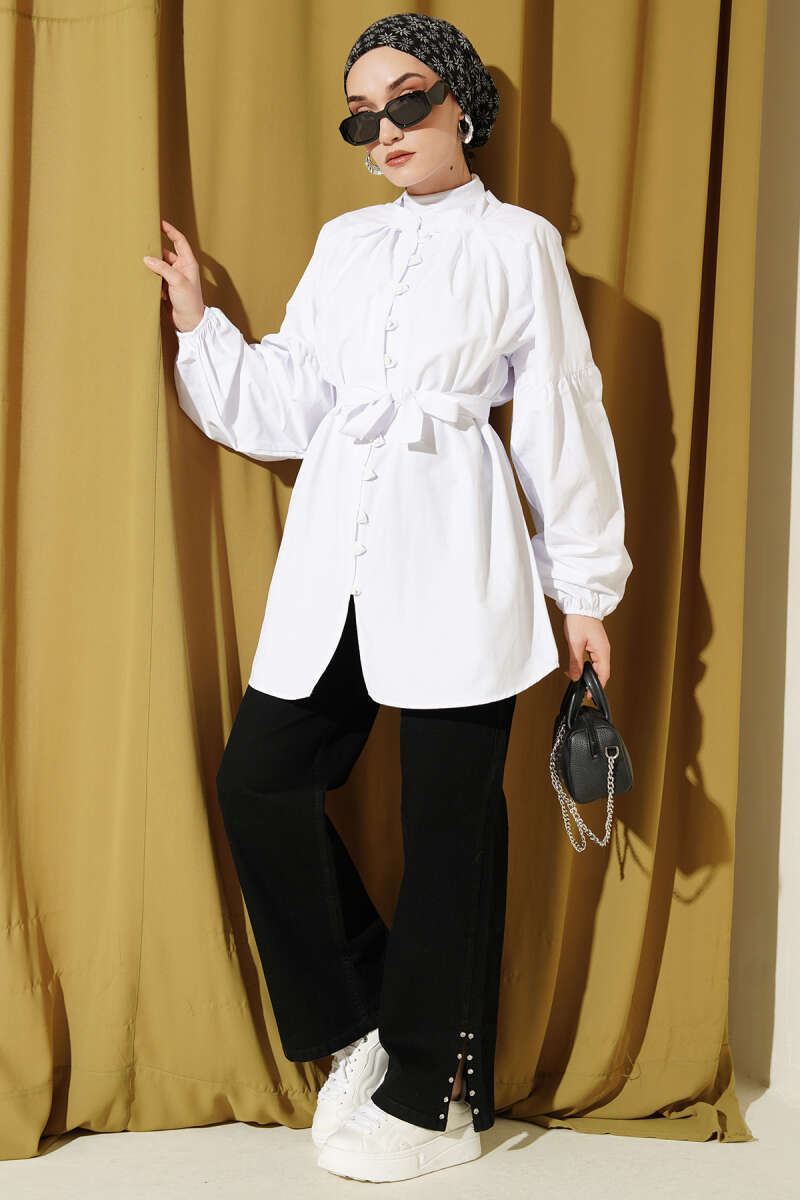 Mandarin-Collar Poplin Shirt with Rivet Buttons - White
