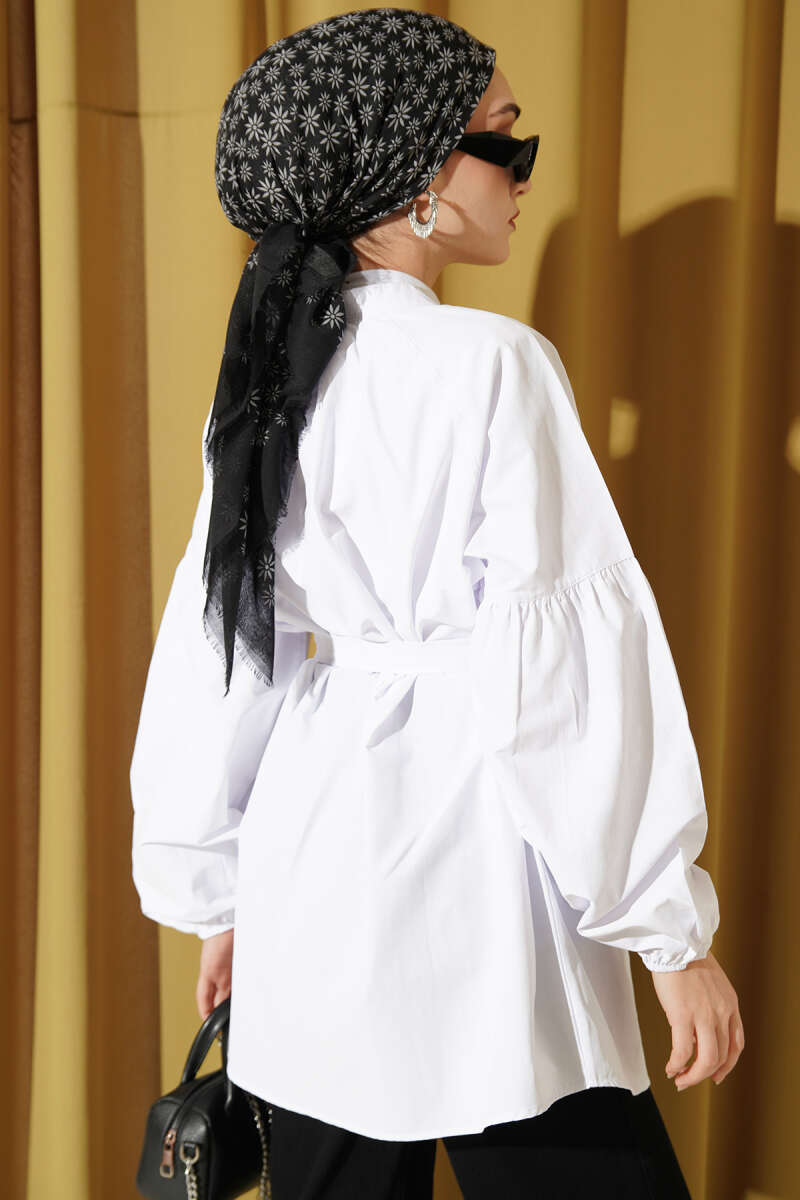 Mandarin-Collar Poplin Shirt with Rivet Buttons - White