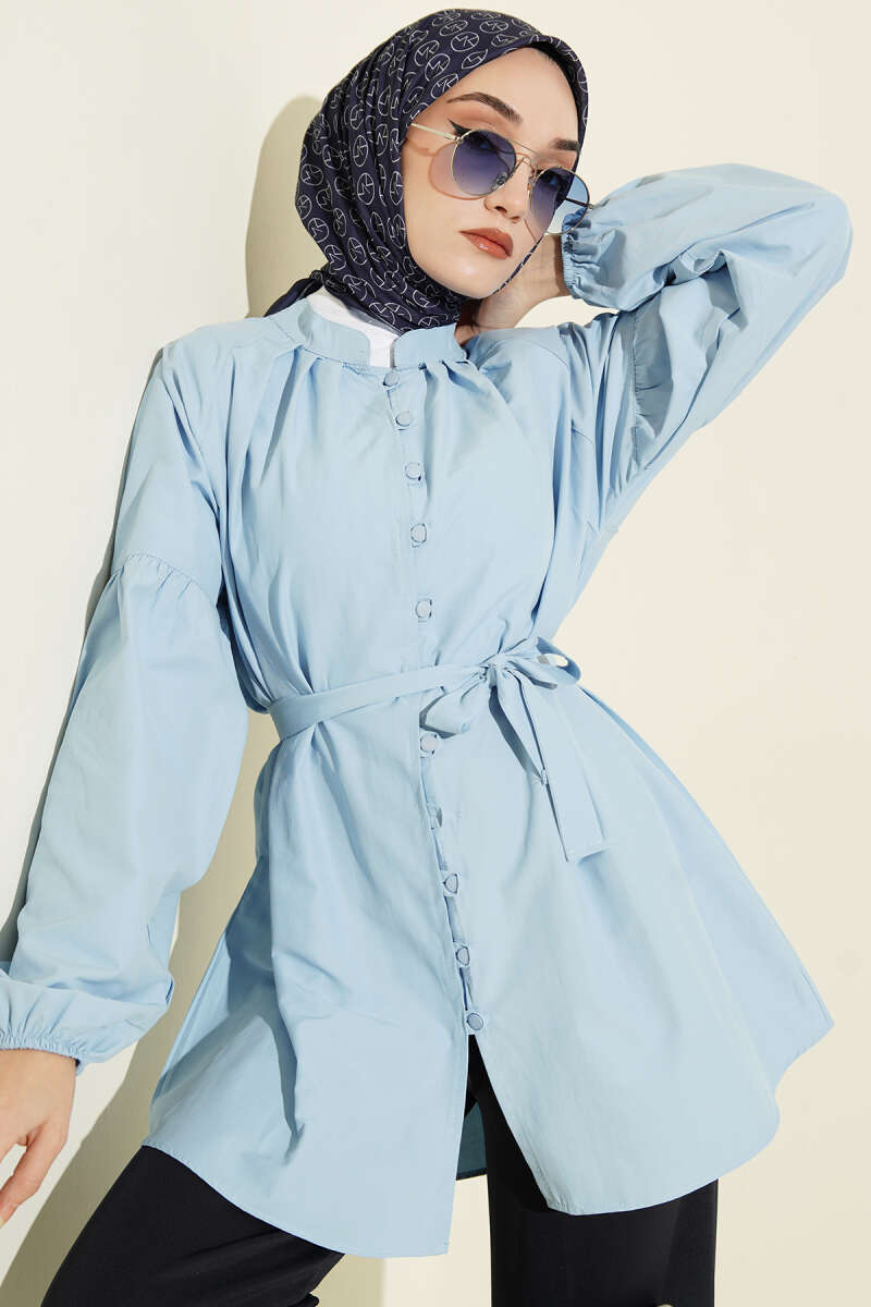 Mandarin-Collar Poplin Shirt with Rivet Buttons - Blue