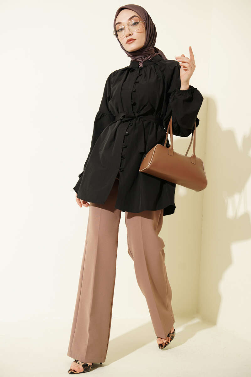 Mandarin-Collar Poplin Shirt with Rivet Buttons - Black