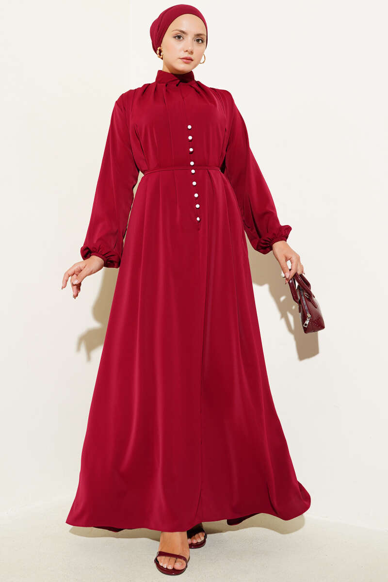 Rivet-Button Dress with Tie Cords - Burgundy