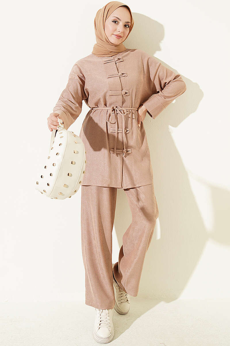 Two-Piece Set with Rivet Buttons and Tie Cord - Beige