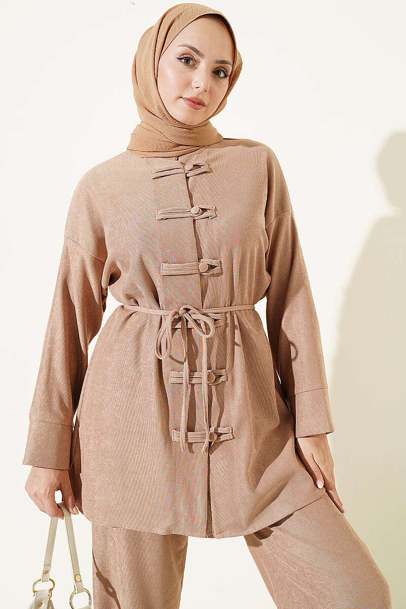 Two-Piece Set with Rivet Buttons and Tie Cord - Beige
