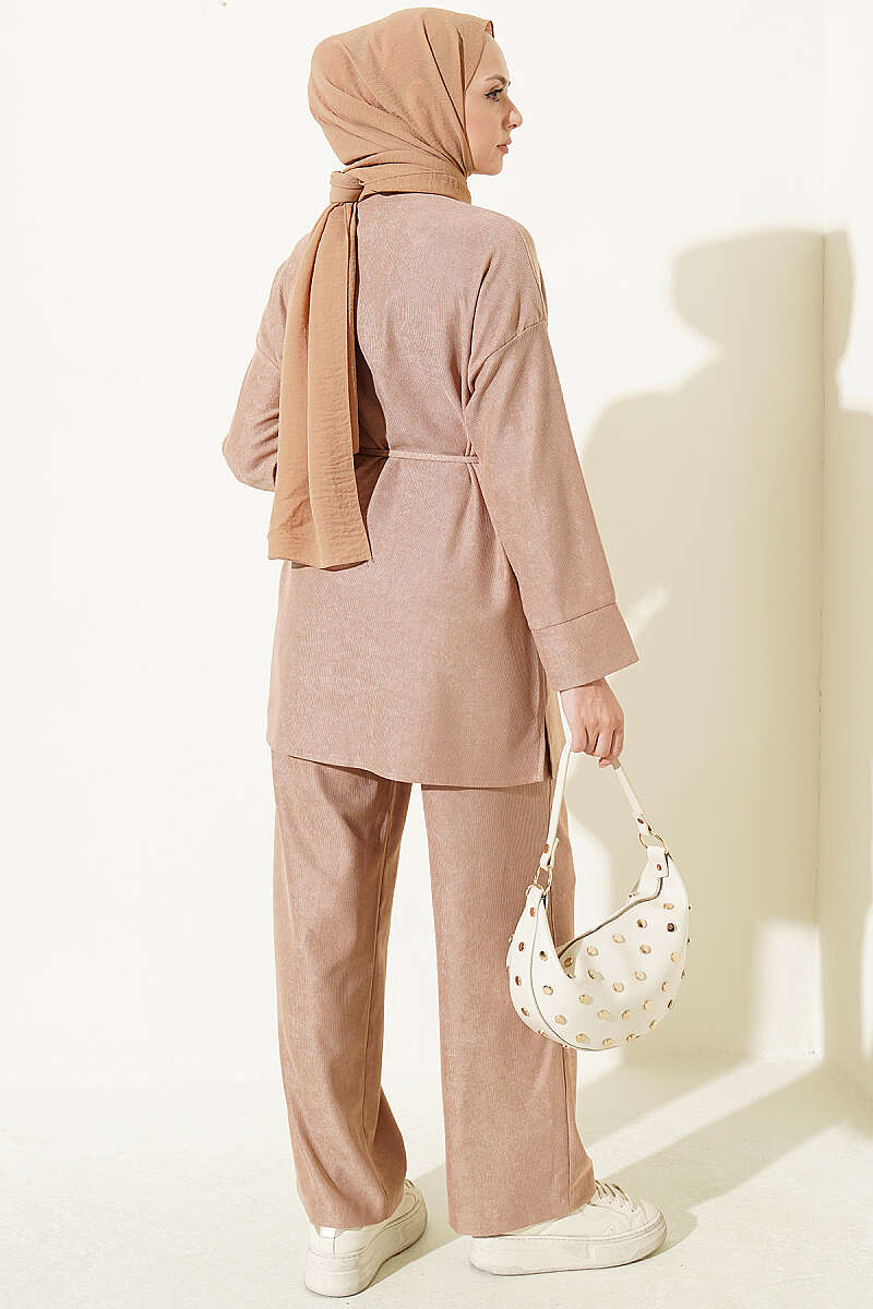Two-Piece Set with Rivet Buttons and Tie Cord - Beige