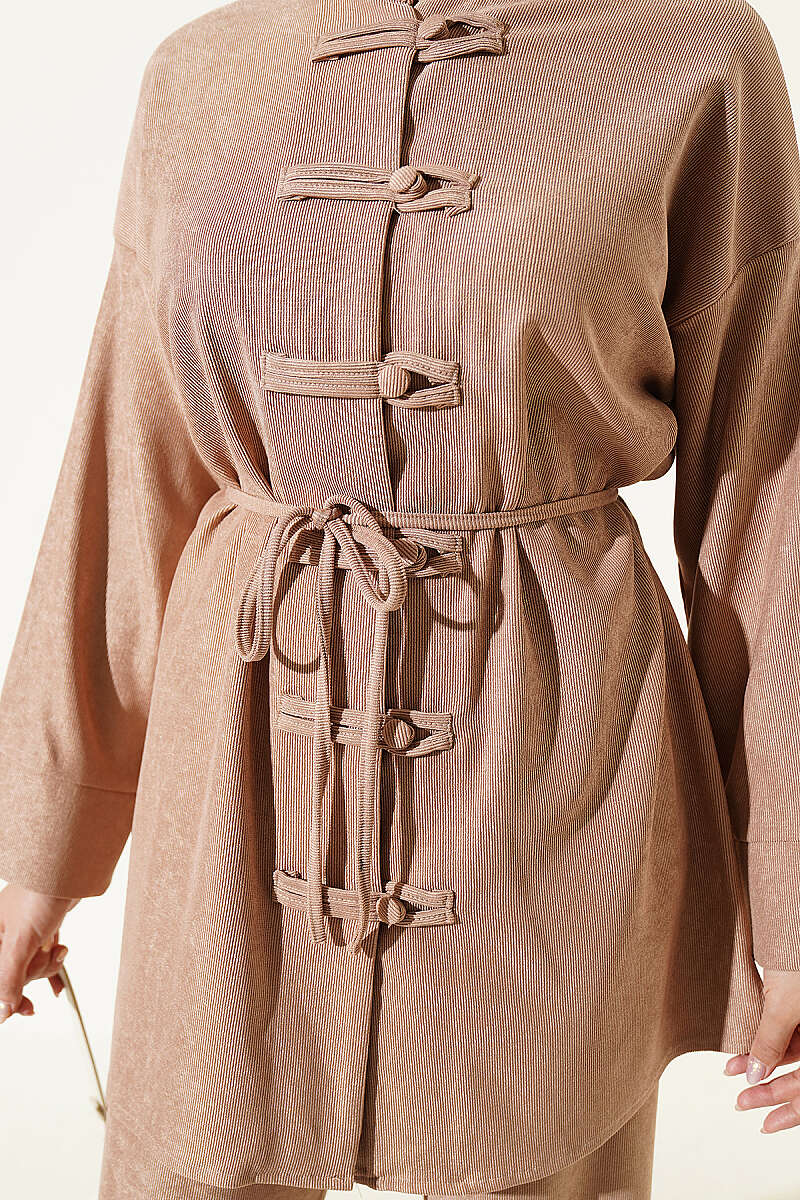 Two-Piece Set with Rivet Buttons and Tie Cord - Beige