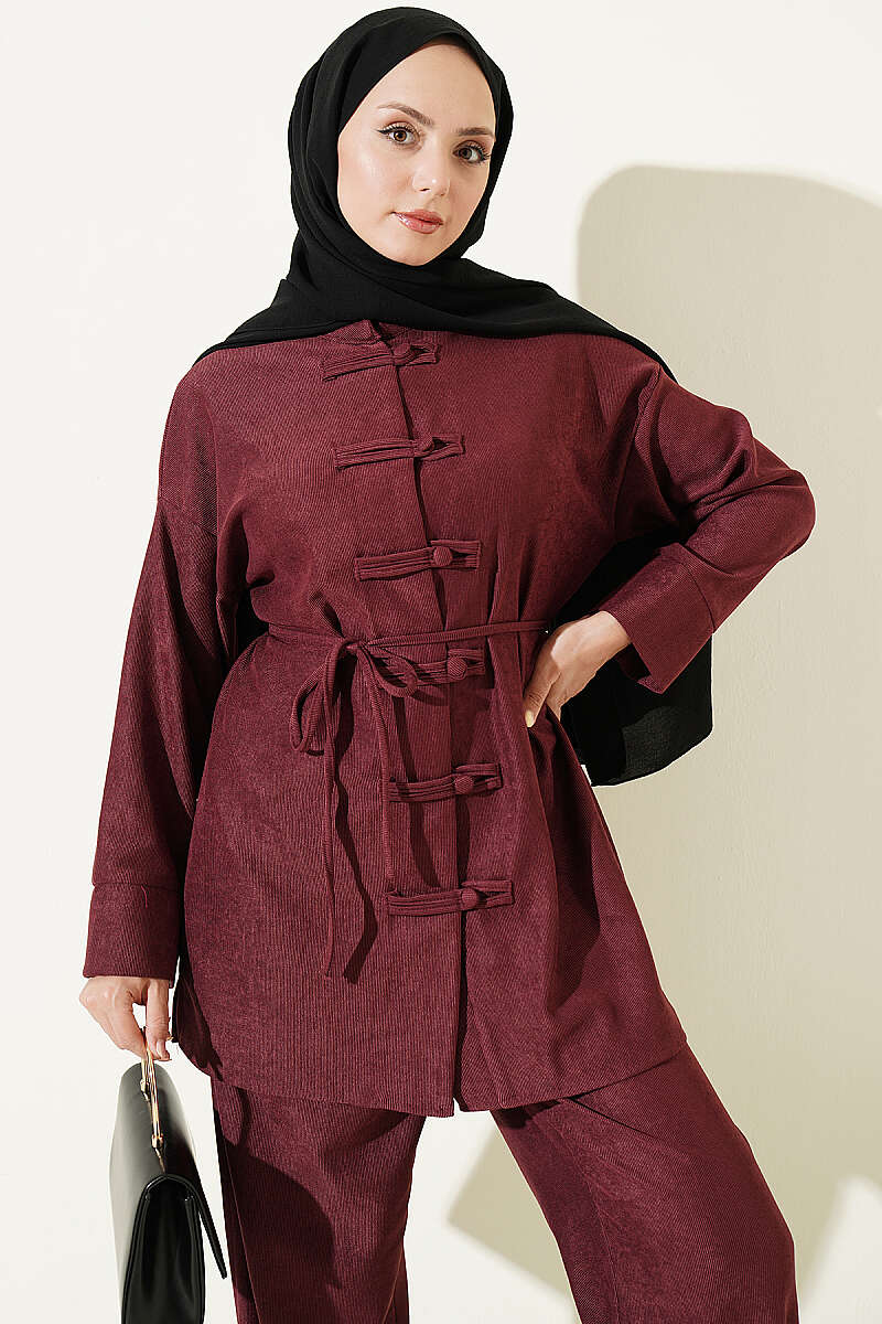 Two-Piece Set with Rivet Buttons and Tie Cord - Burgundy