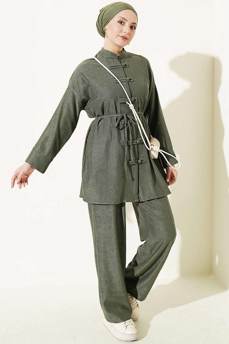 Two-Piece Set with Rivet Buttons and Tie Cord - Khaki