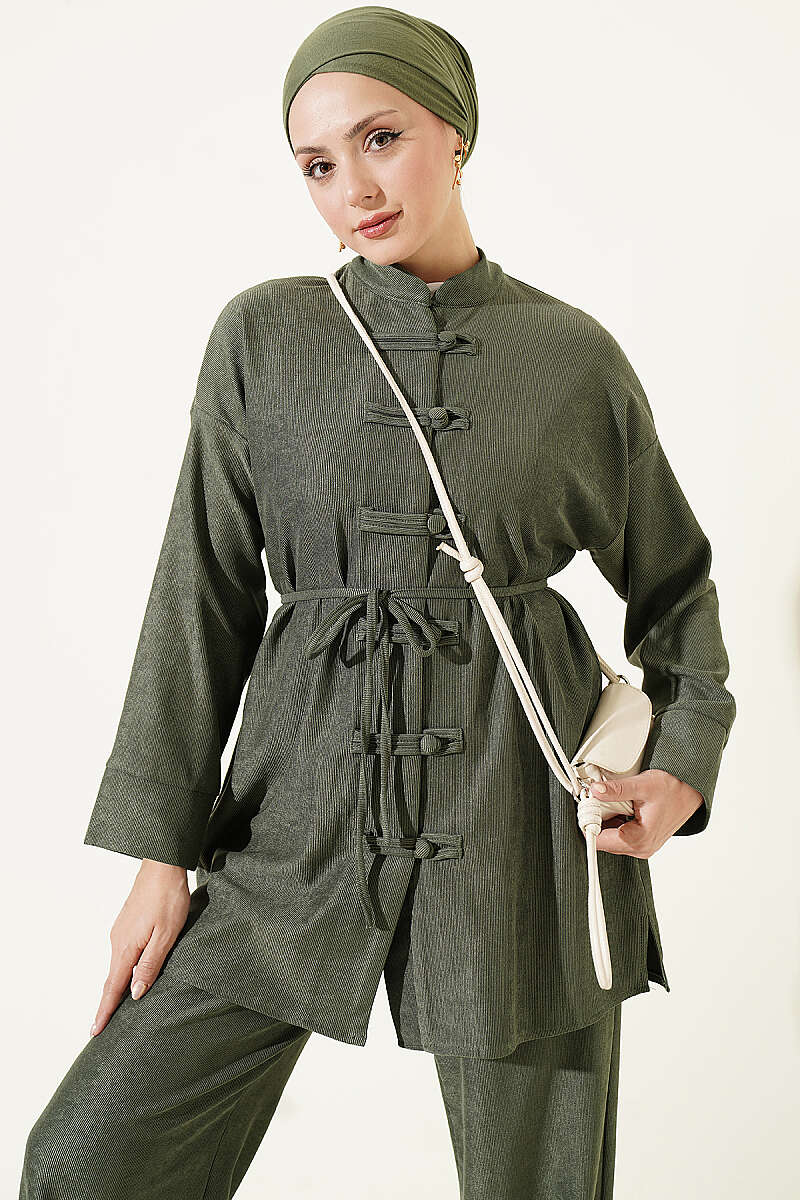 Two-Piece Set with Rivet Buttons and Tie Cord - Khaki