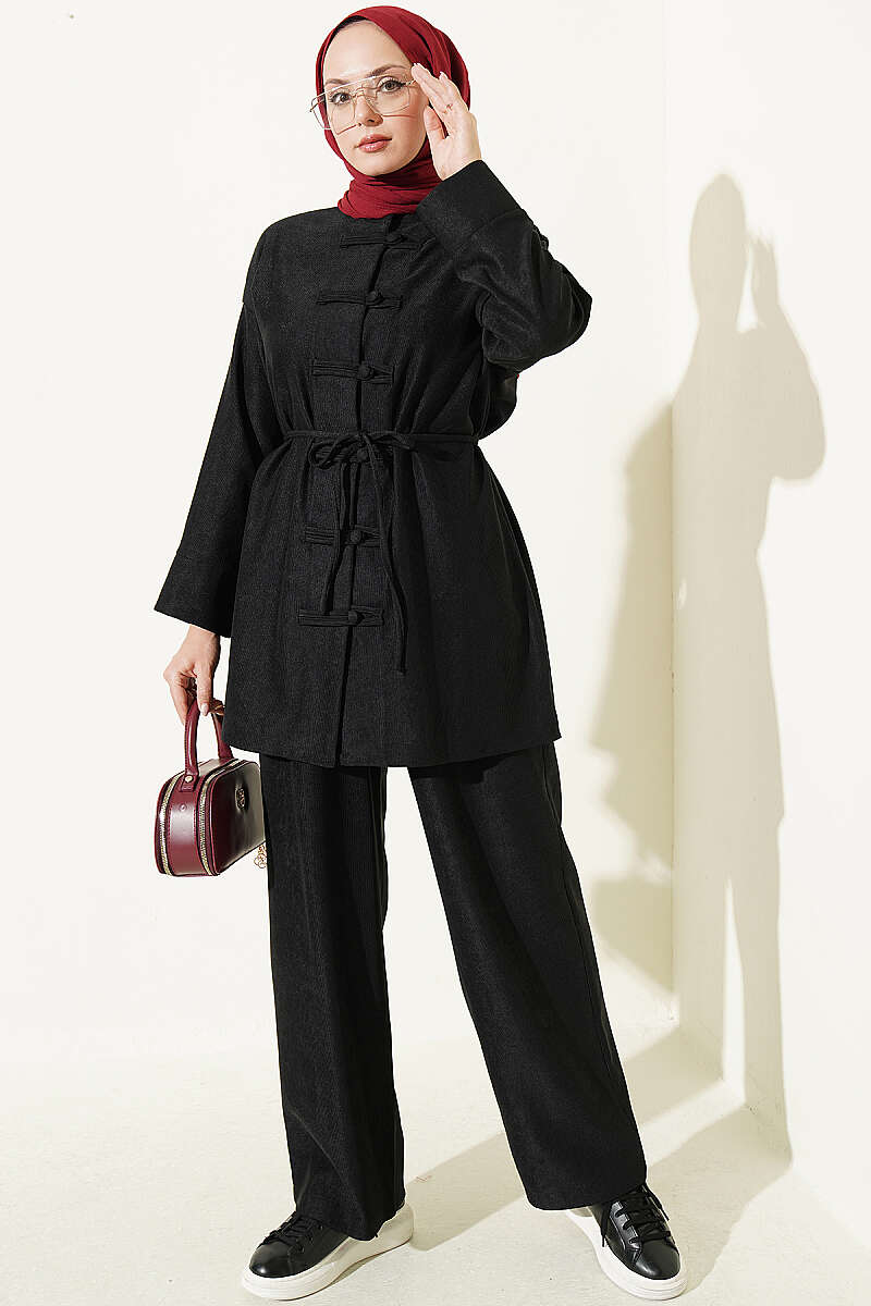 Two-Piece Set with Rivet Buttons and Tie Cord - Black